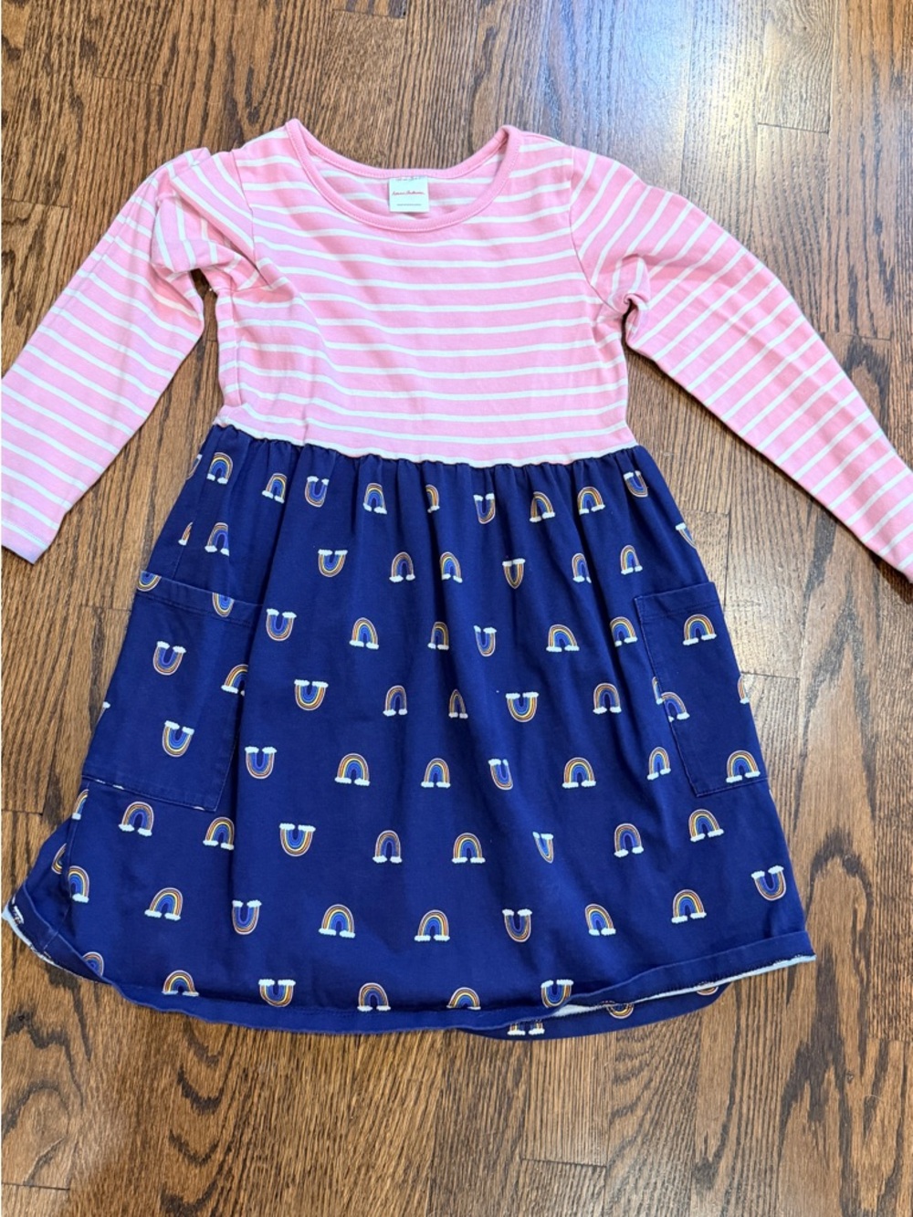 Hanna Andersson Pink Striped Top with Navy Rainbow Pocket Dress
